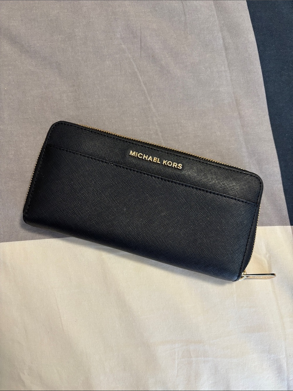 Michael Kors Black Leather Zip Wallet with Gold Hardware